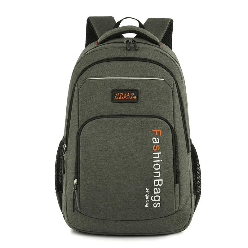 Black nylon travel backpack showing front view and open compartment with laptop sleeve.