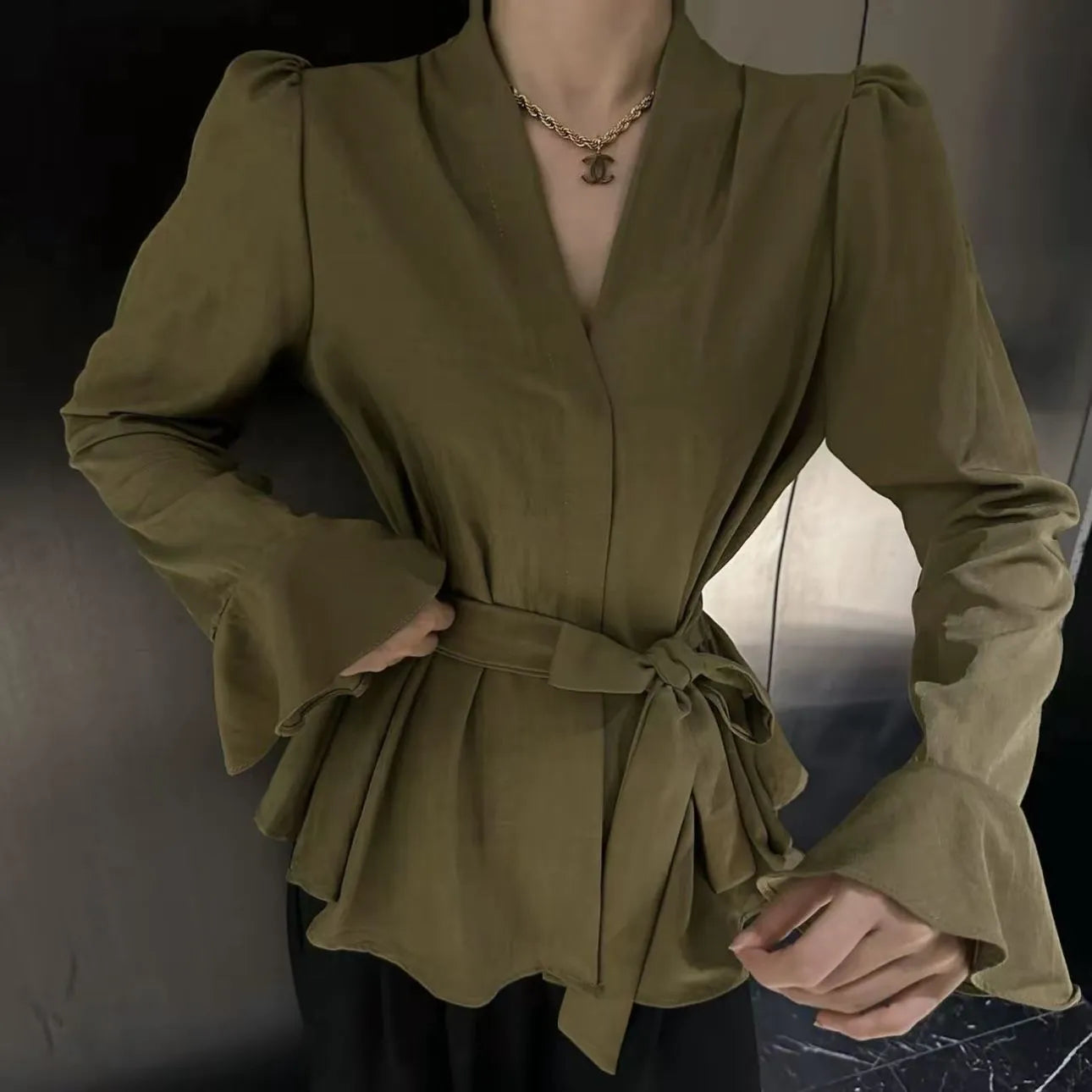 Women's French-style irregular collar long sleeve shirt with bell sleeves in a wine red colour.