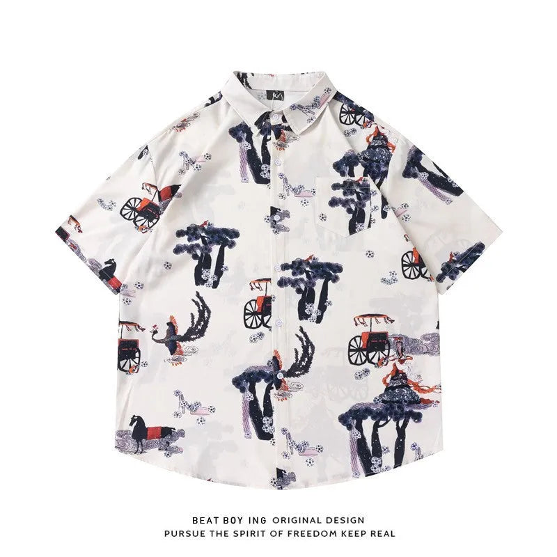Men's loose fit floral print short sleeve button-up shirt in lightweight polyester