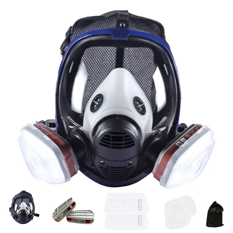 KN95 spherical full face gas mask with blue edge and trapezoidal canister containing activated carbon gauze filter