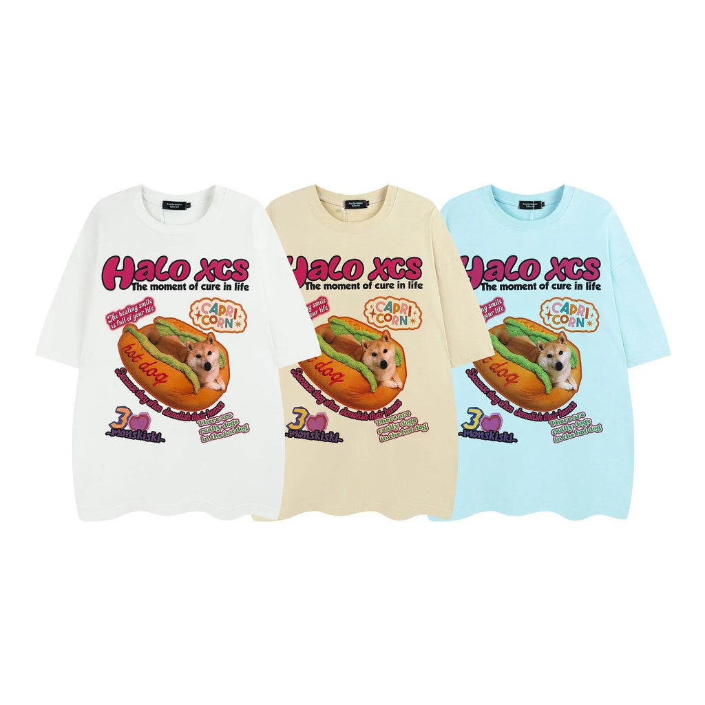 White cartoon hamburger and dog print on a loose-fit cotton T-shirt.