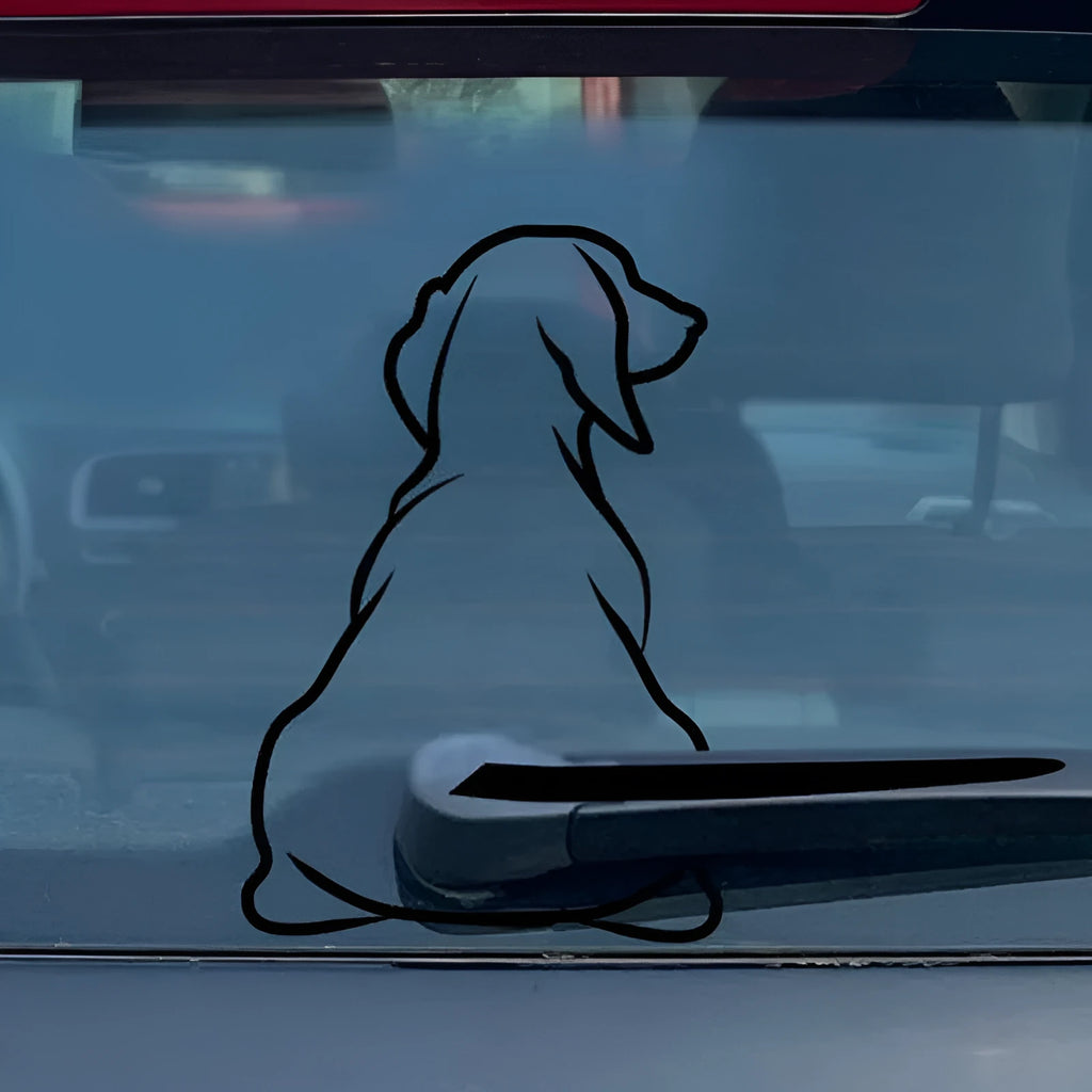 Cartoon dog rear window car sticker with wiper-style tail on black or white vinyl decal