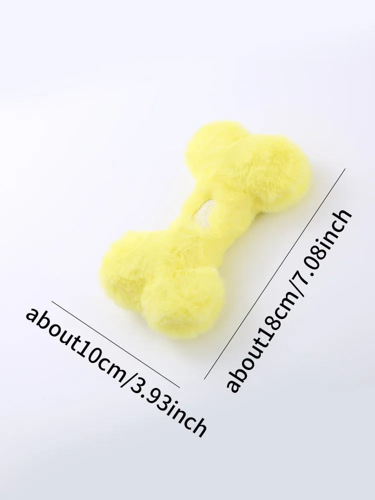 Blue plush love bone dog toy with a squeaker, shown next to pink and yellow versions.