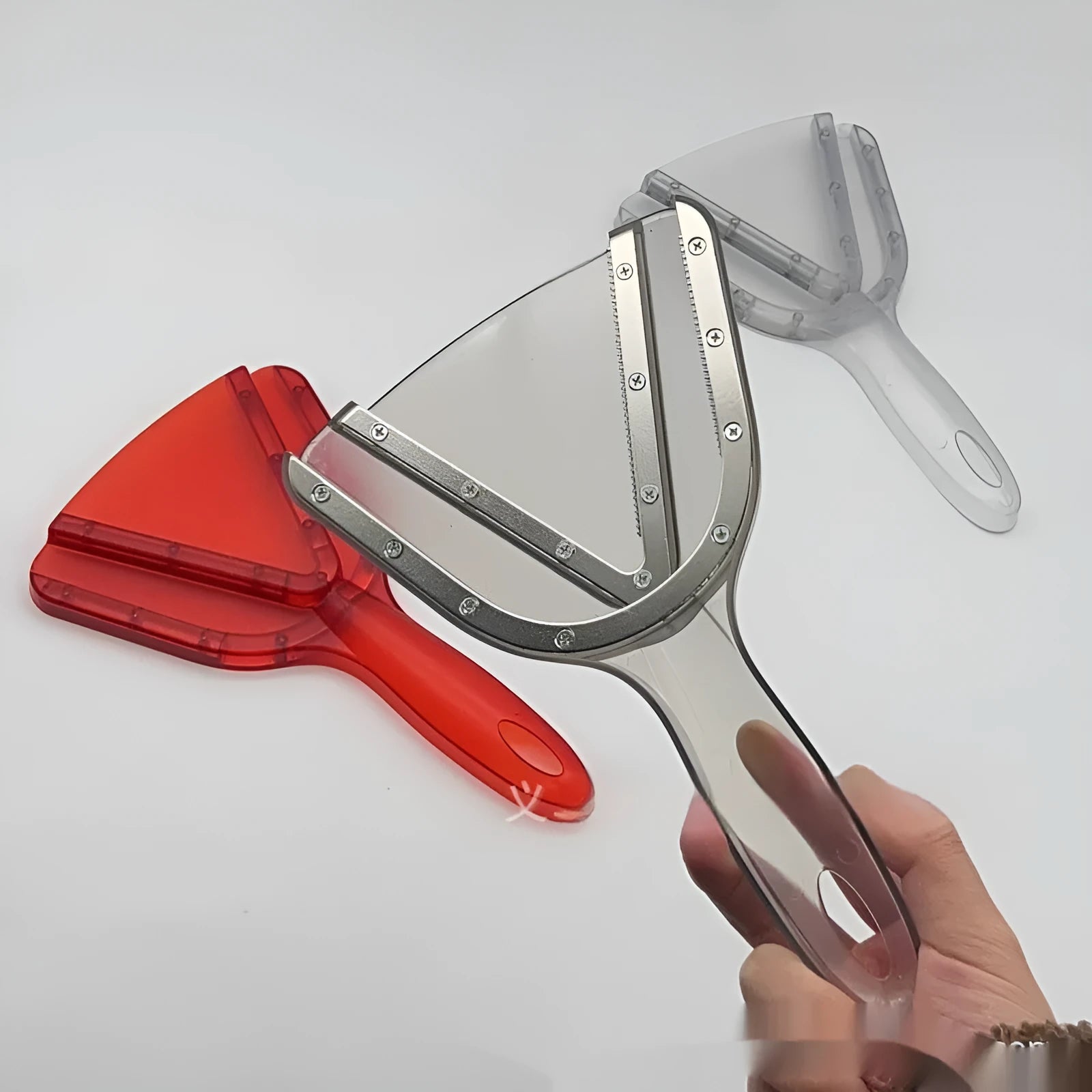 Telescopic plastic bottle opener with adjustable height in clear, red, and grey colours