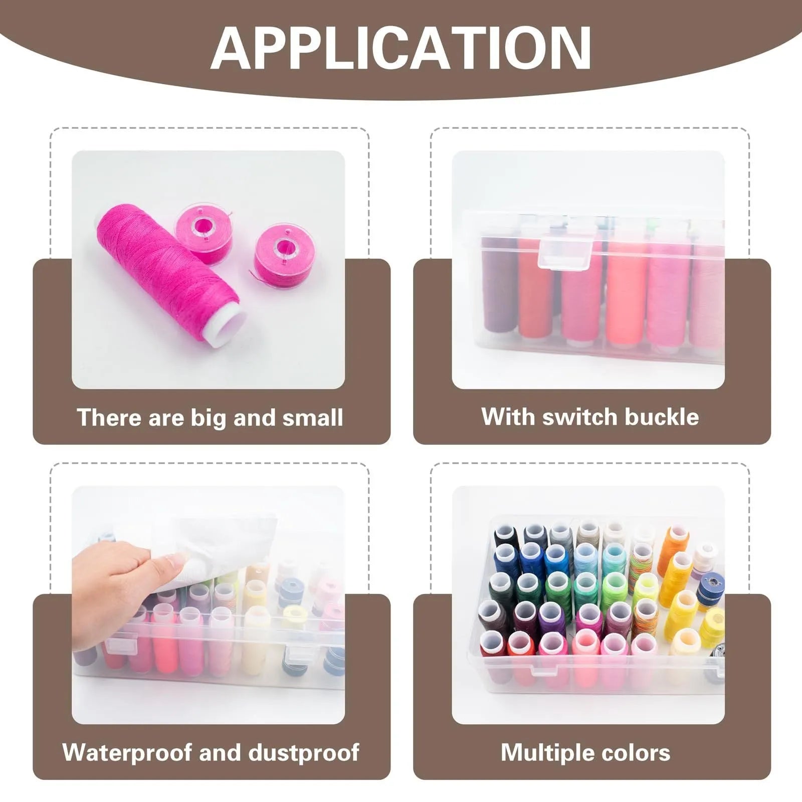 42-compartment plastic storage box for embroidery supplies in transparent, pink, or blue colour options.