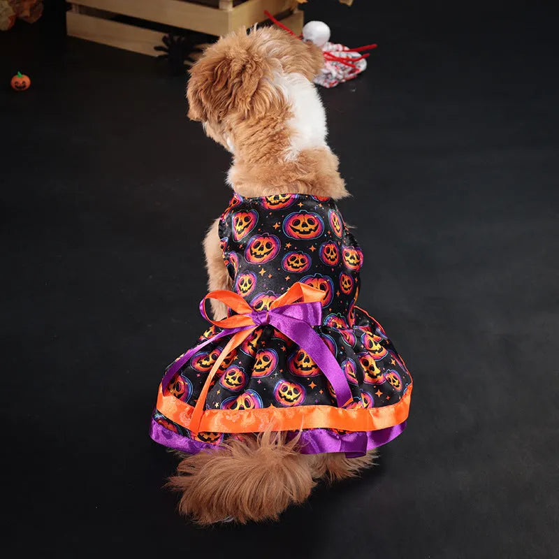 Halloween dog skirt with colourful pumpkin and skull designs in double-layer polyester fabric