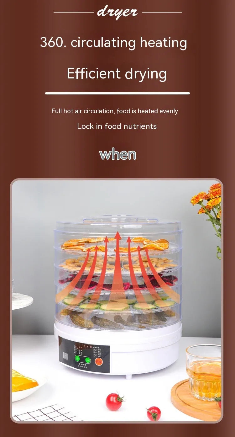 Five-tray food dehydrator with multiple international plug versions for drying fruit and vegetables