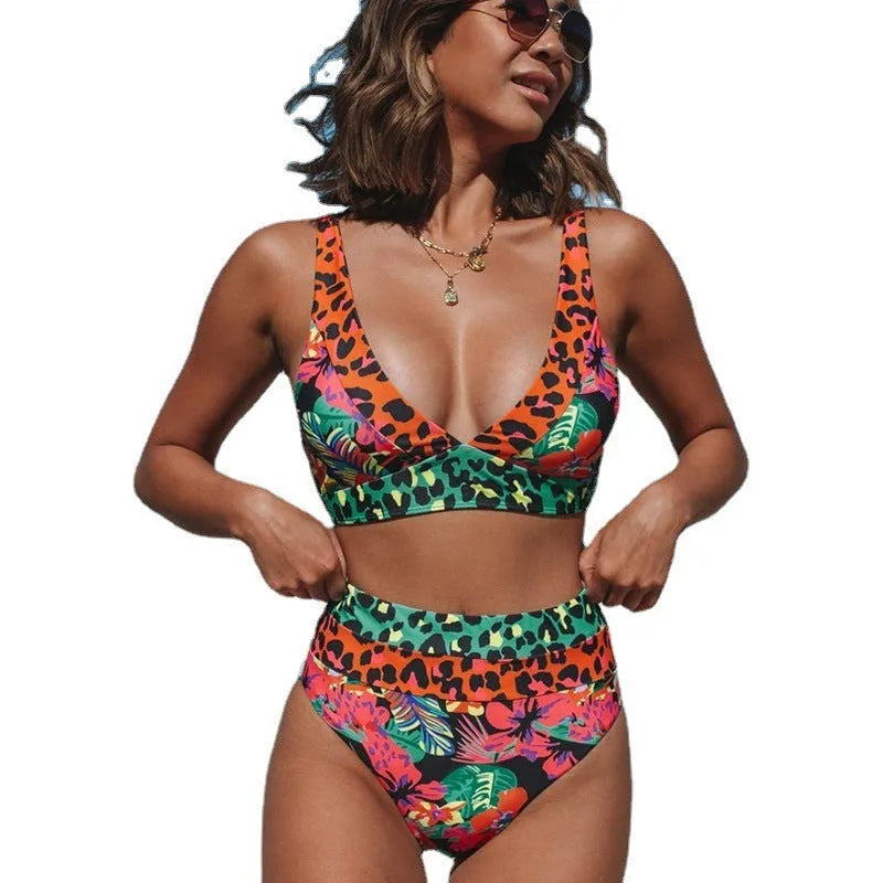Women's high waist floral print bikini swimsuit set in polyester fabric