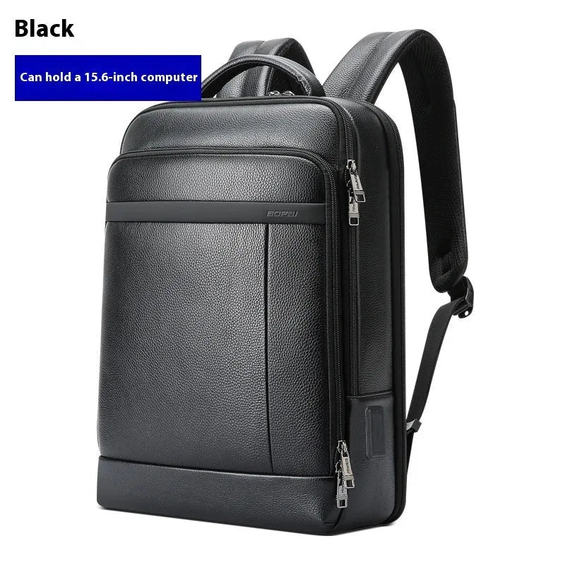 Black leather business backpack for men with USB charging port and curved shoulder straps