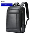 Black leather business backpack for men with USB charging port and curved shoulder straps