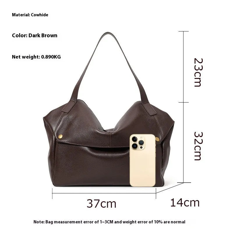 Brown genuine leather women's shoulder bag with horizontal square shape and interior organisation compartments