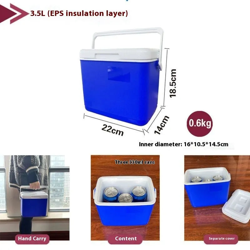 Blue portable insulated cooler box with aluminium foil lining, shown closed.