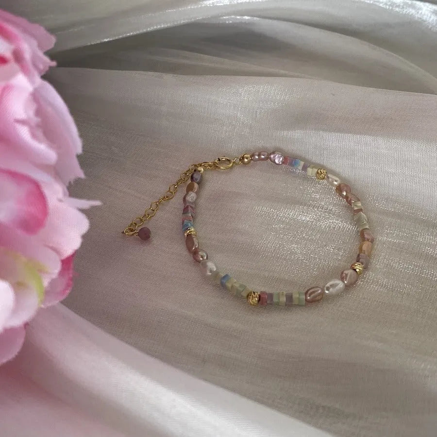 Natural pearl bracelet and necklace set with purple silver beads and 14K gilded accents in irregular U-shaped design