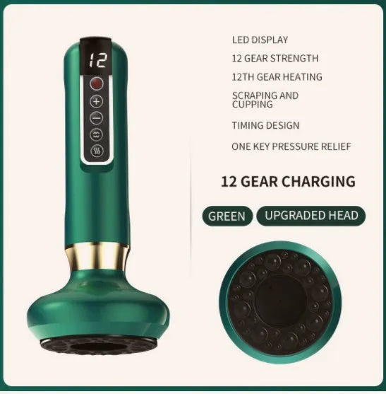 Green electric vacuum cupping massager with adjustable suction and heating controls