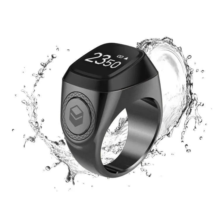 Zikr1 smart ring with OLED display showing prayer times, available in black, green, rose gold, and silver colours