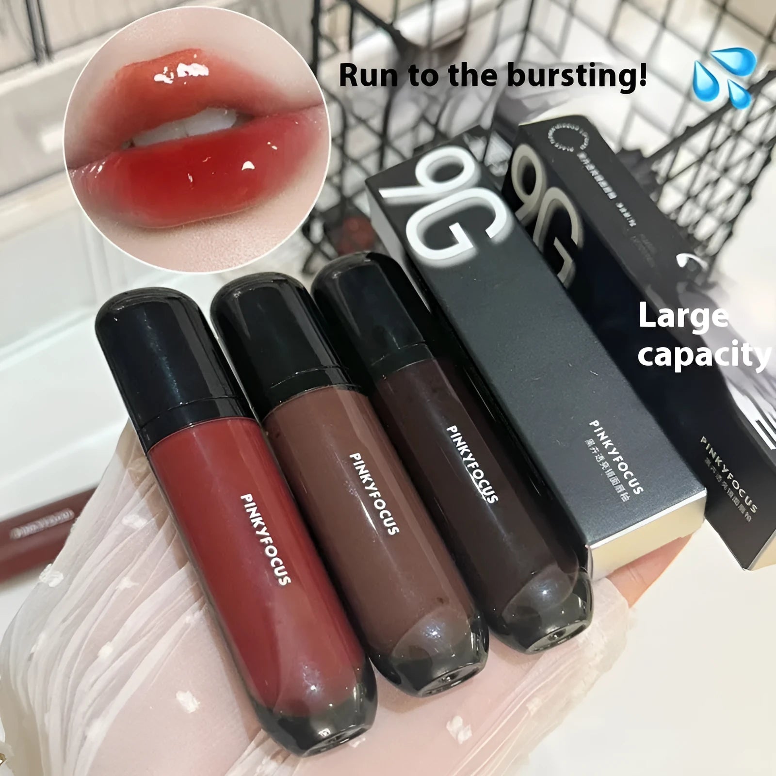 Black Shiny Makeup Mirror Lip Lacquer tube showing six colour options including tomato, orange brown, brown, rose, red, and sweet potato shades