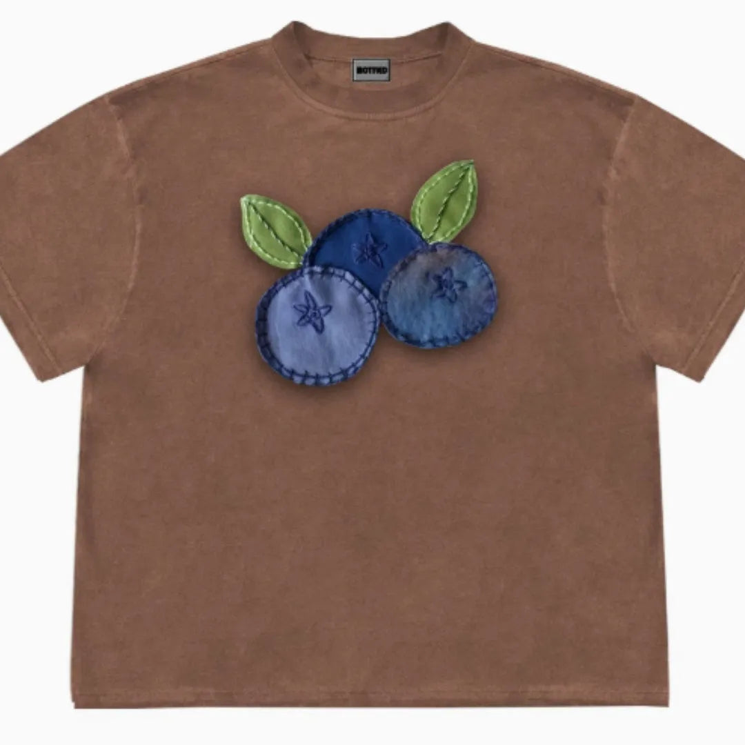 Blueberry fabric patchwork T-shirt with plant flower prints in loose fit short sleeve design