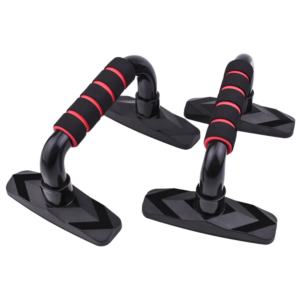 Pair of I-shaped black push up bars with PP sponge grips for home strength training.