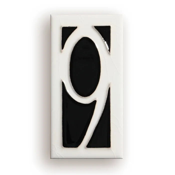 Handmade ceramic retro door number plate with blue enamel art, showing the number 5.
