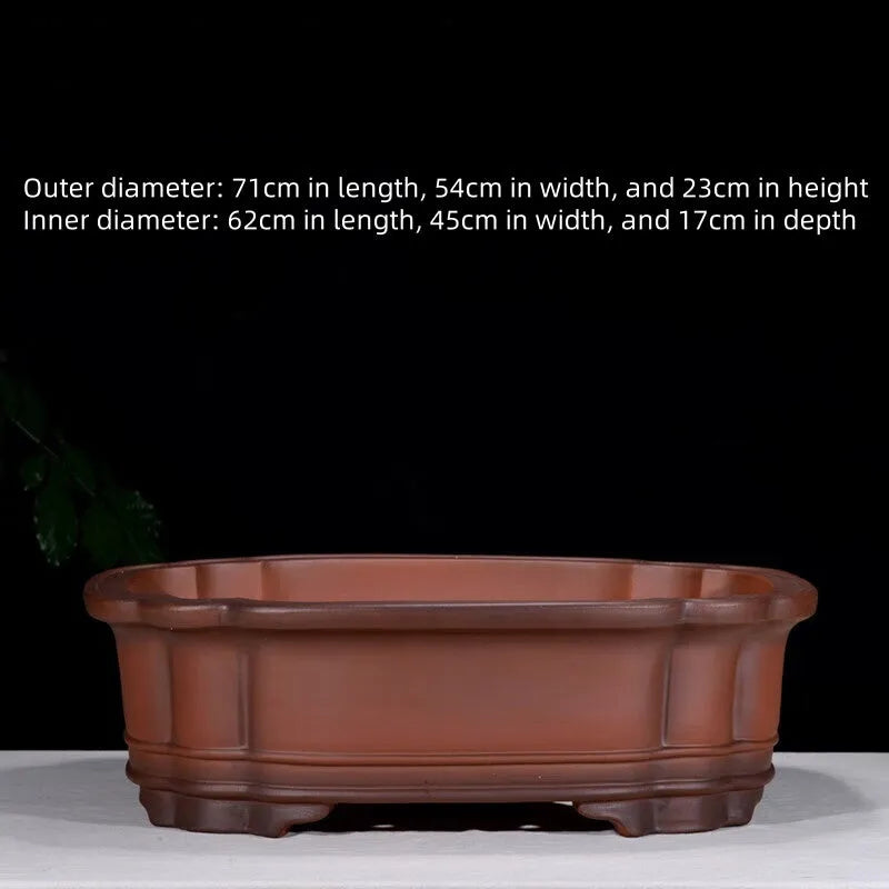 Large rectangular antique-finish purple clay flower pot in Chinese style.