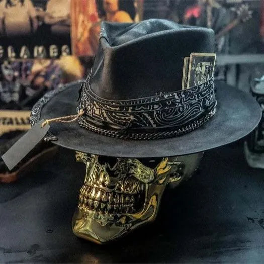 Handmade wool skull hat with conical crown design for Halloween and costume wear