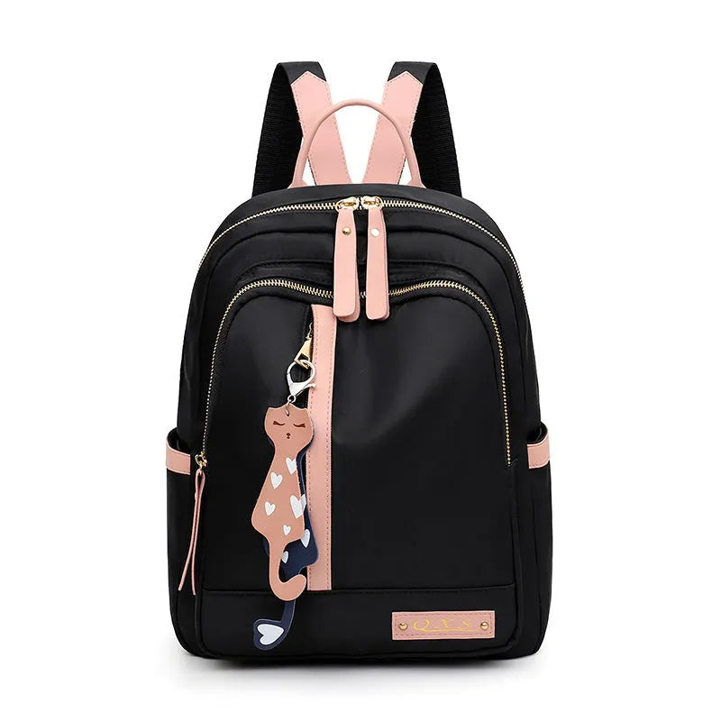 Black and pink casual nylon backpack with double straps, soft handle, and square vertical shape