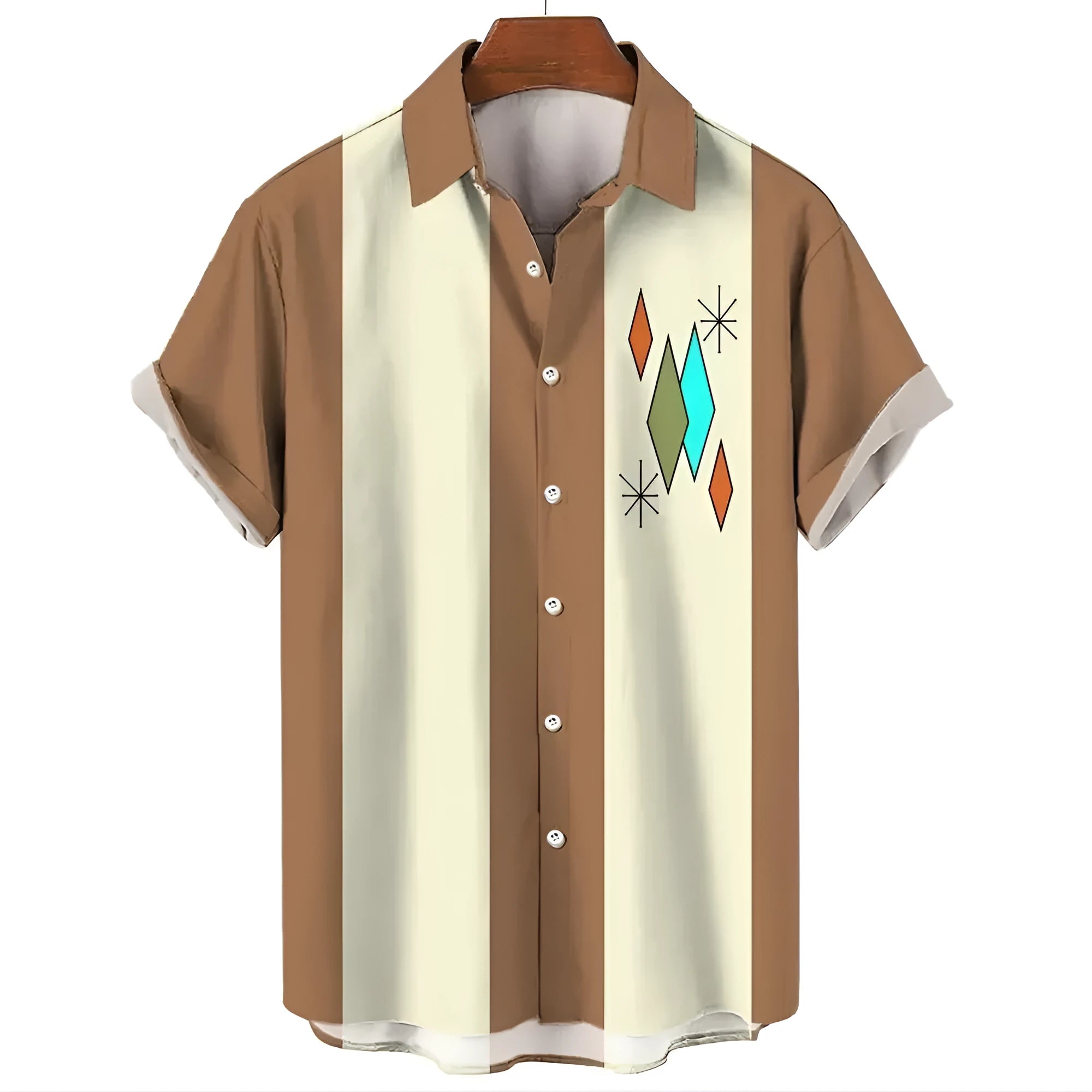 Man wearing a striped short-sleeve Hawaiian shirt made from elastic polyester fabric.