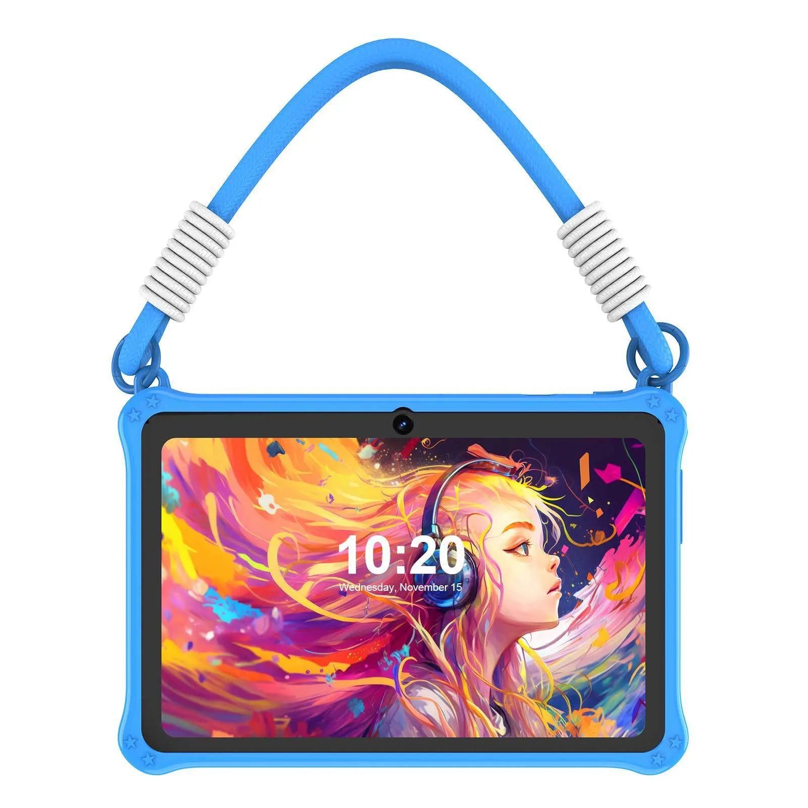 Sapphire blue silicone protective case with flat strap for a 7-inch children's tablet.