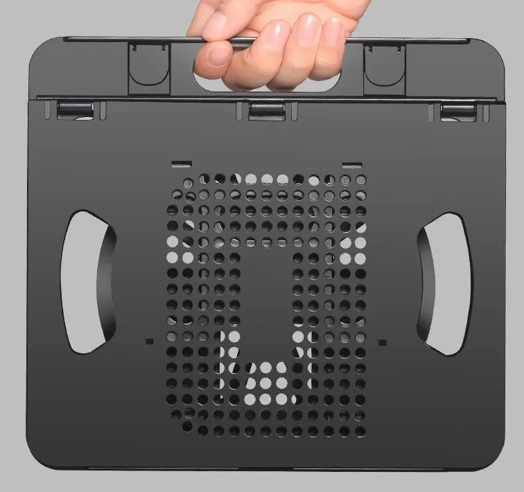 Adjustable ABS laptop and tablet cooling stand in black on a desktop