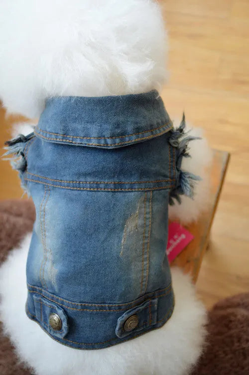 Denim dog vest with retro scratch pattern for small breed pets in dark and light colour options