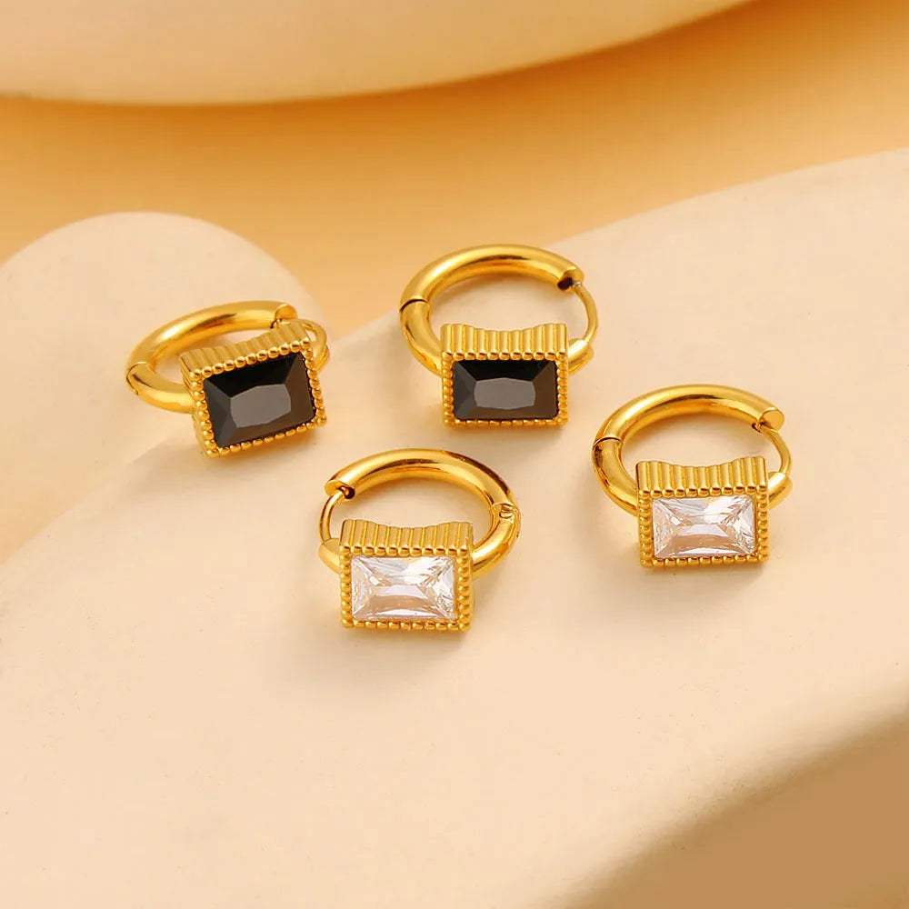Geometric stainless steel earrings with square zircon stones in black, green, or white electroplated finishes