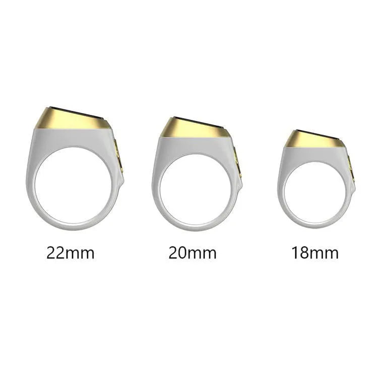 Zikr1 smart ring with OLED display showing prayer times, available in black, green, rose gold, and silver colours