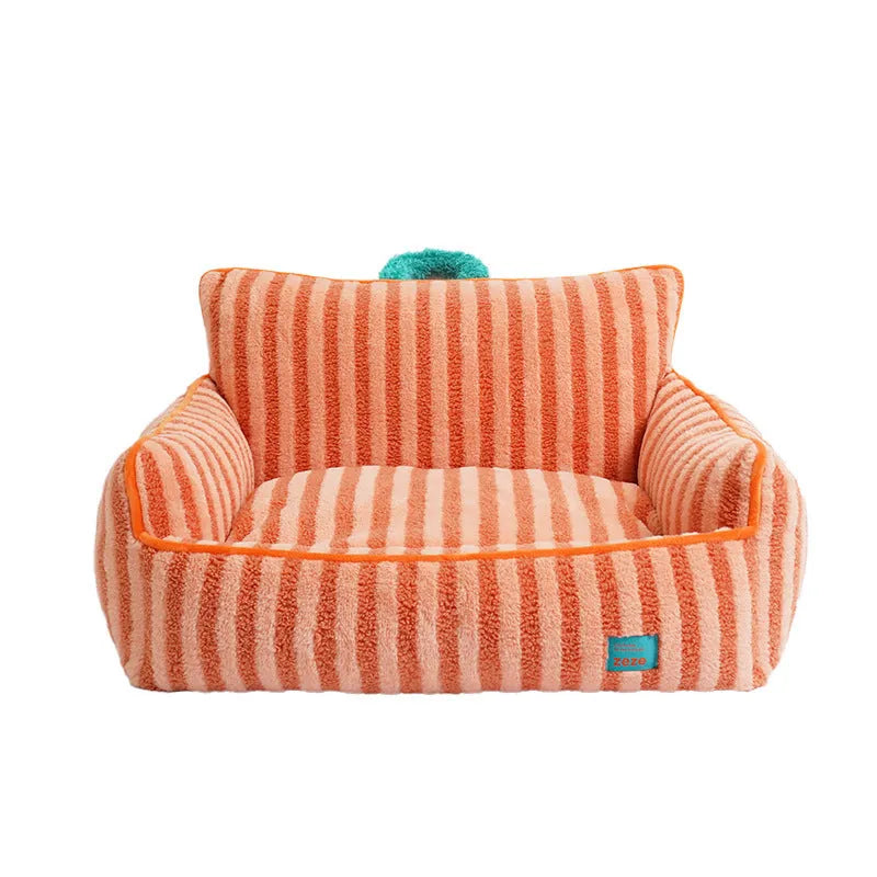 Striped soft velvet pet bed for small dogs with removable washable cover in orange colour