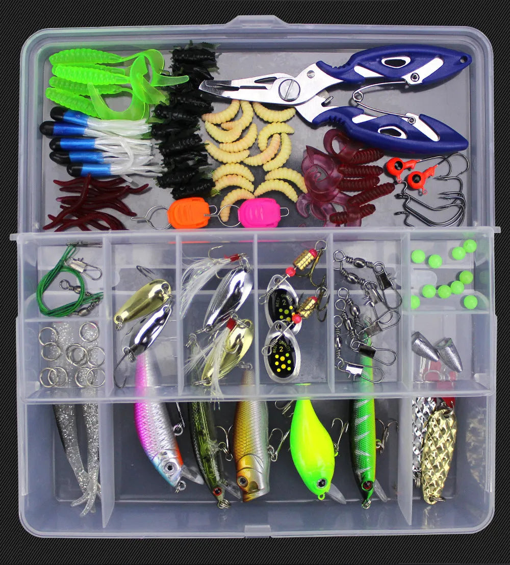 Junior entry-level fishing bait lure suit set in a PP storage box, showing multiple lure types.
