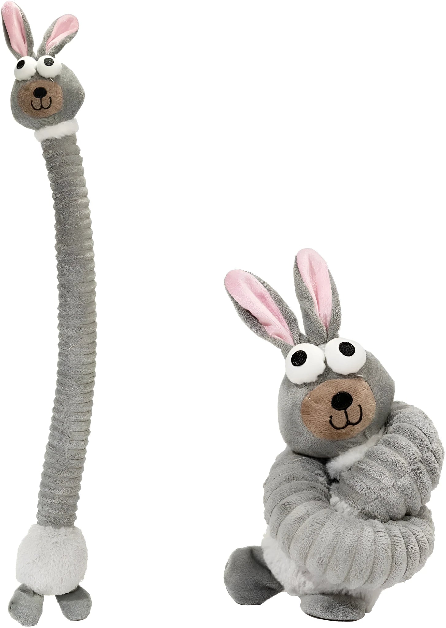 Plush squeaky dog toy with crinkle paper interior in brown, grey, and yellow colours