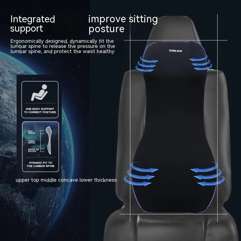 Automotive memory foam cushion and integrated lumbar support pillow in simple style.
