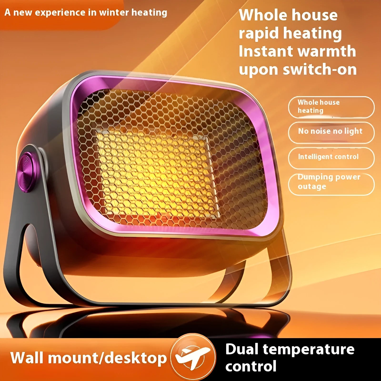 Desktop ceramic heater in white colour with adjustable power settings and two fan speed modes