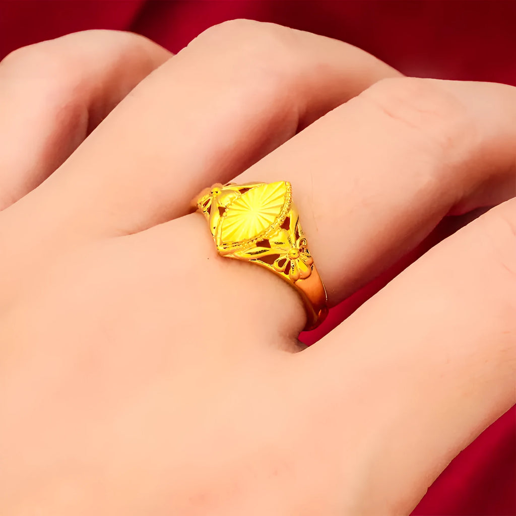 Gold electroplated brass ring with open diamond flower geometric pattern for women