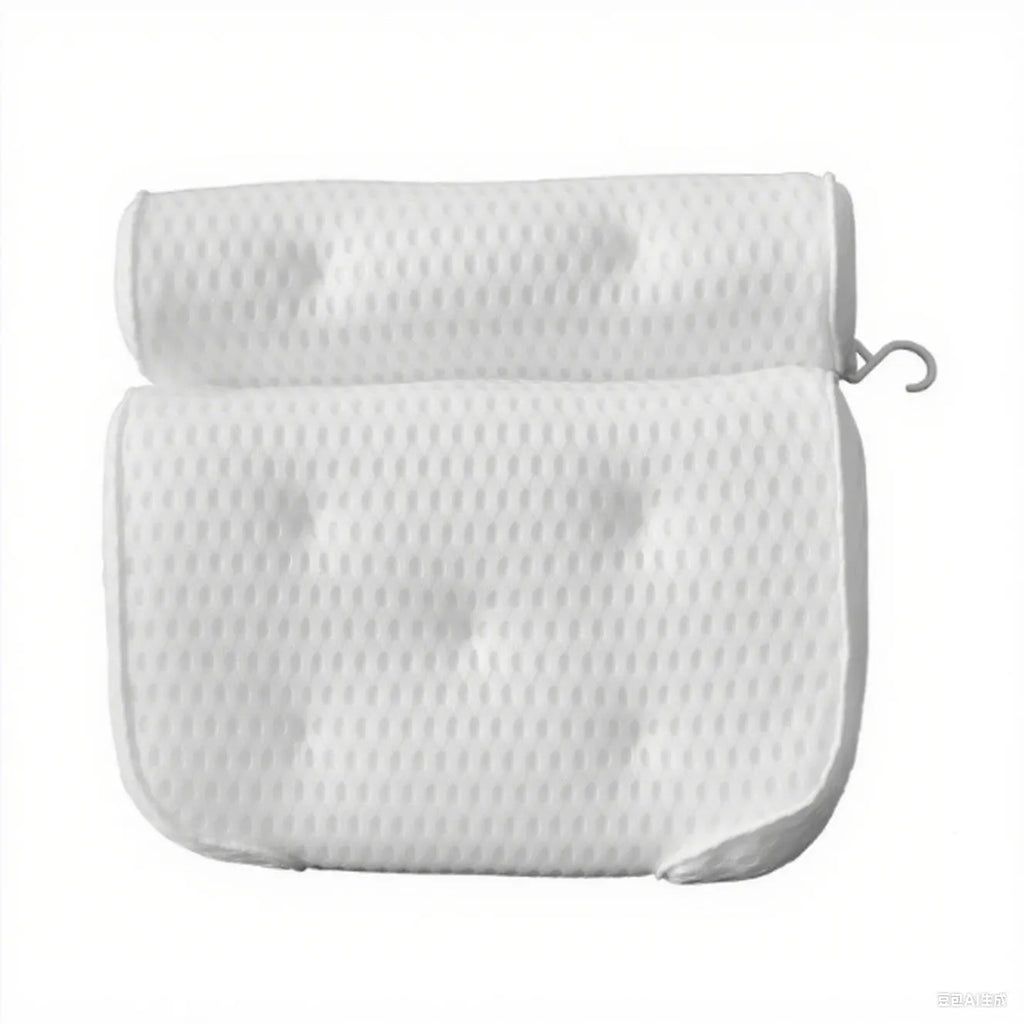 White 3D mesh bathtub pillow with seven suction cups showing dimensions 37x34x10cm