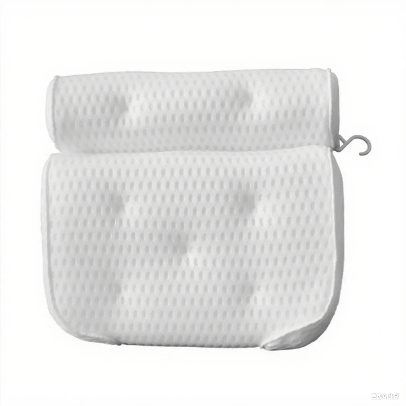 White 3D mesh bathtub pillow with seven suction cups showing dimensions 37x34x10cm
