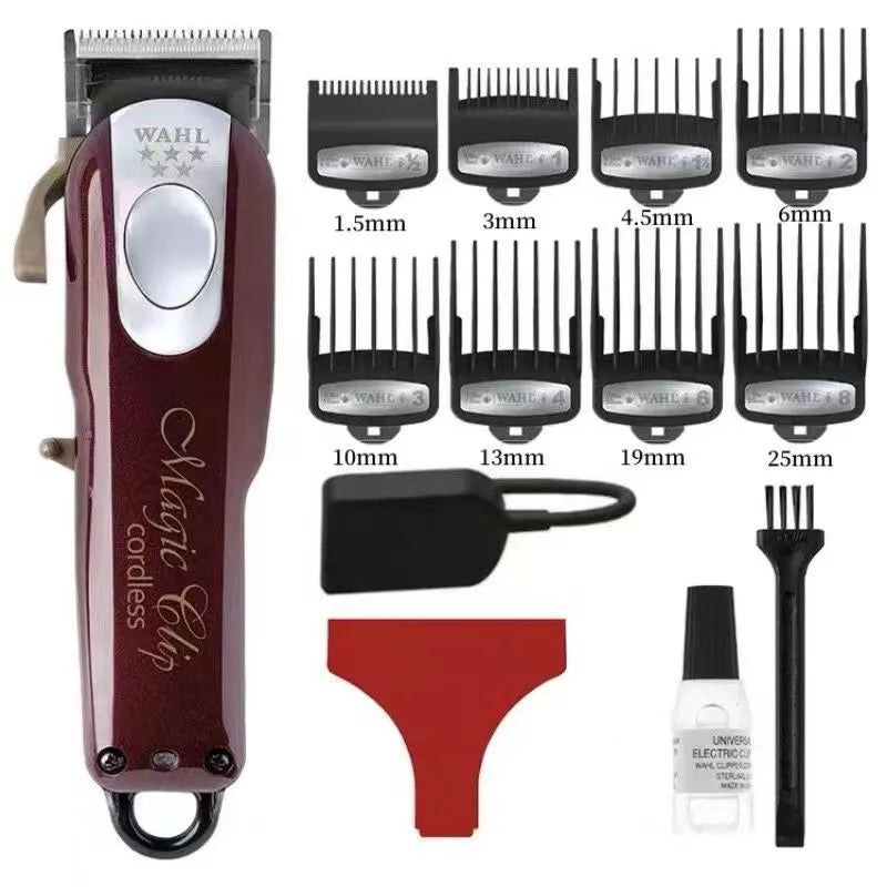 Cordless charging hair clipper with stainless steel blade and EU UK US plug adaptors
