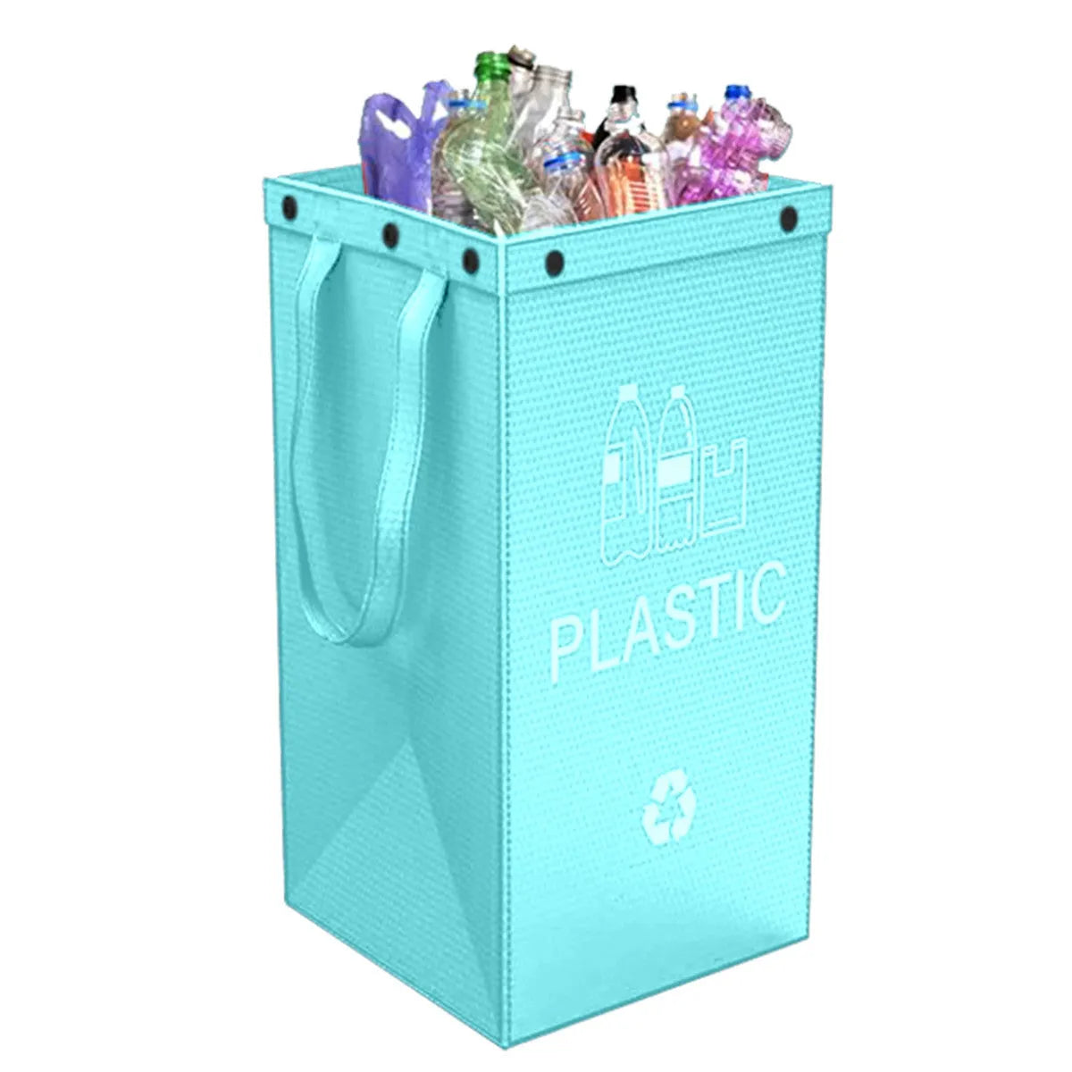 A blue 40-litre waterproof handbag-style rubbish bin made from PP plastic, shown beside furniture.