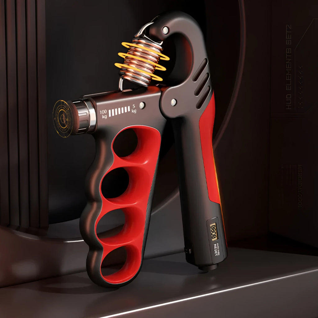 Adjustable electronic count spring grip hand strengthener in grey, orange, or red colour.