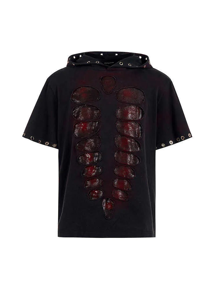 Black men's hooded short-sleeved T-shirt with sequin details and a loose fit.