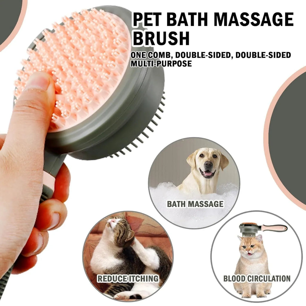 Double sided pink cat brush with release button and separate flea comb for grooming