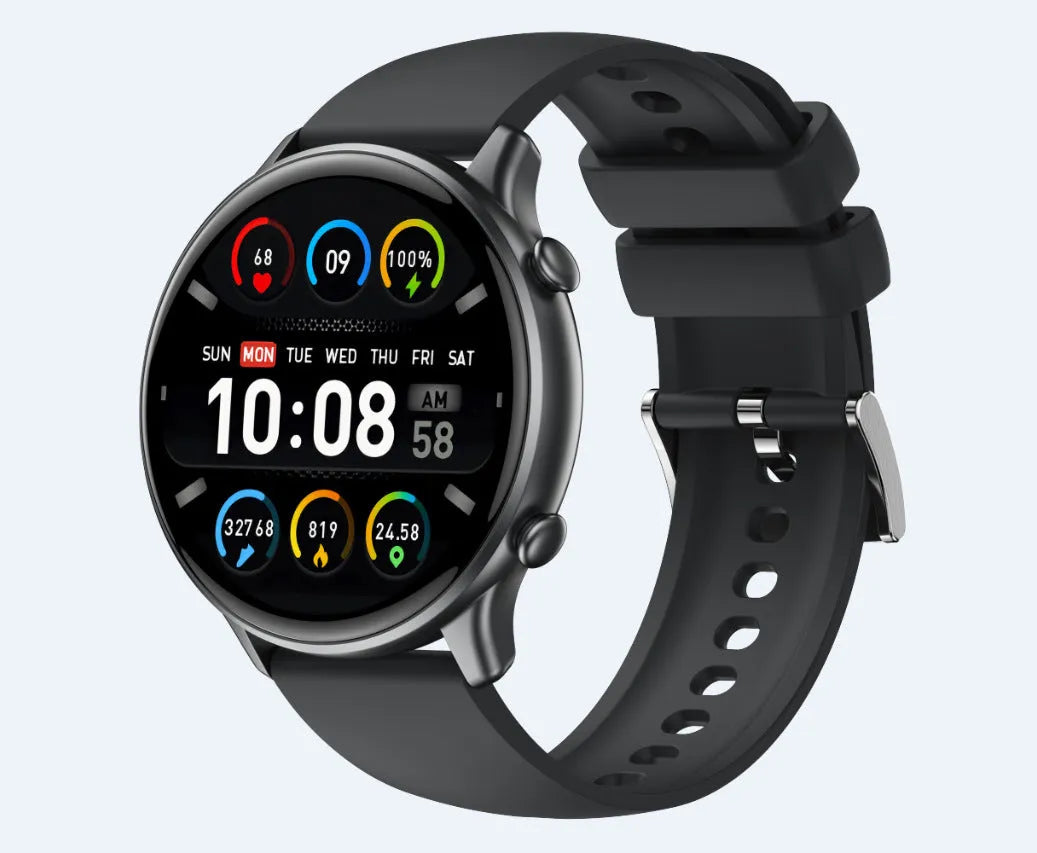 Round smart sports watch with touch screen and silicone strap showing heart rate display