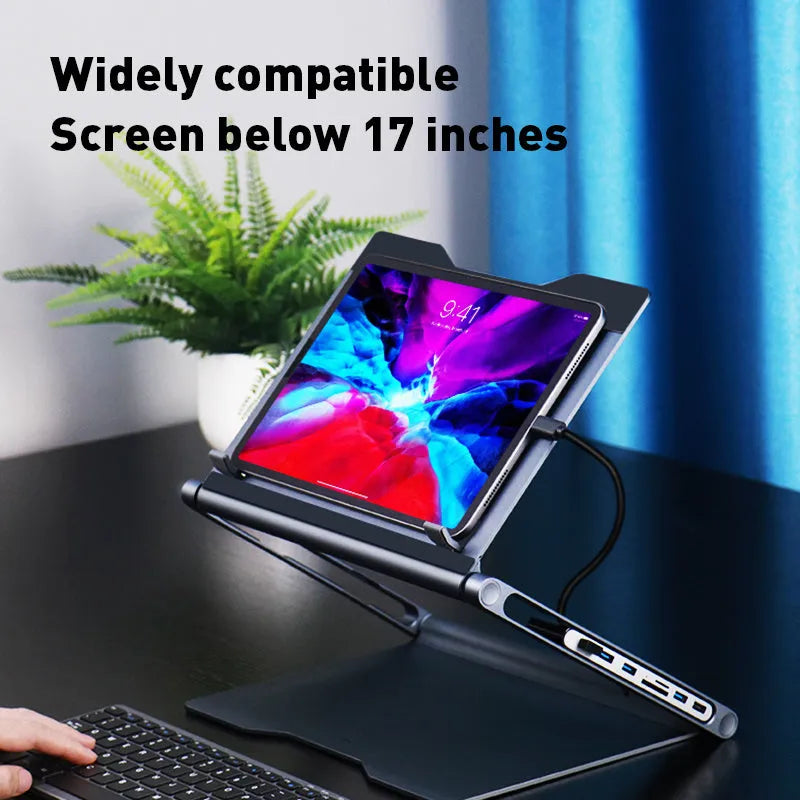 Aluminium laptop stand with 8-in-1 docking station in deep space grey on a desk