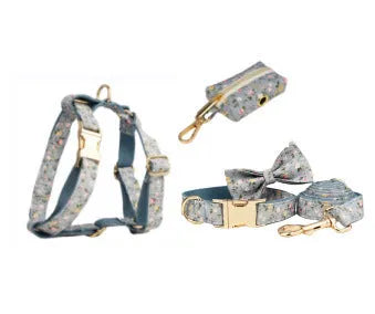Blue floral polyester cotton dog collar set with matching leash, bow tie and vest accessories