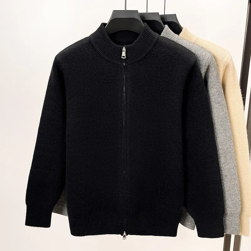Men's black stand collar knitted cardigan with front zip closure in loose fit