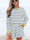 Women's black stripe cotton blouse and shorts set with ribbed banding details